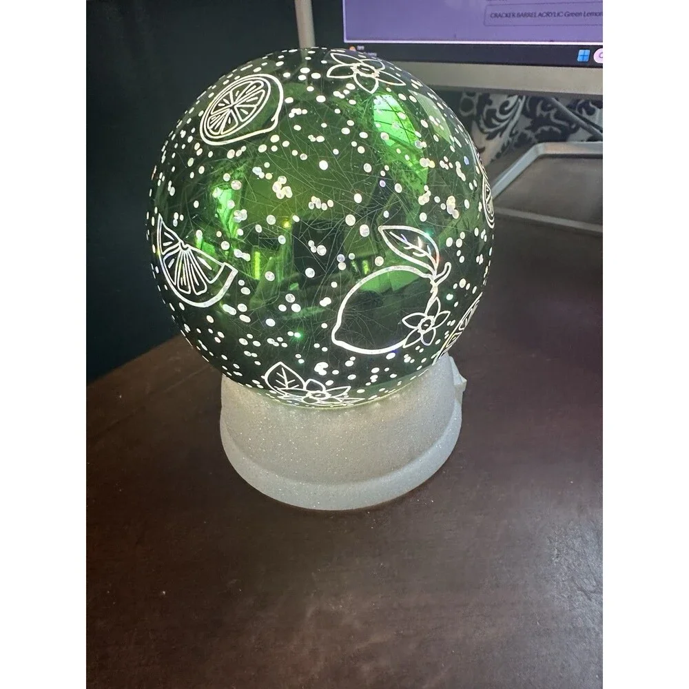 Cracker Barrel Acrylic Green Lemons Foiled Glitter Globe in Box tested and works